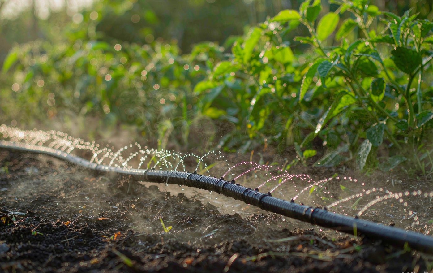 A soaker line weeping water into a vegetable bed at sunrise